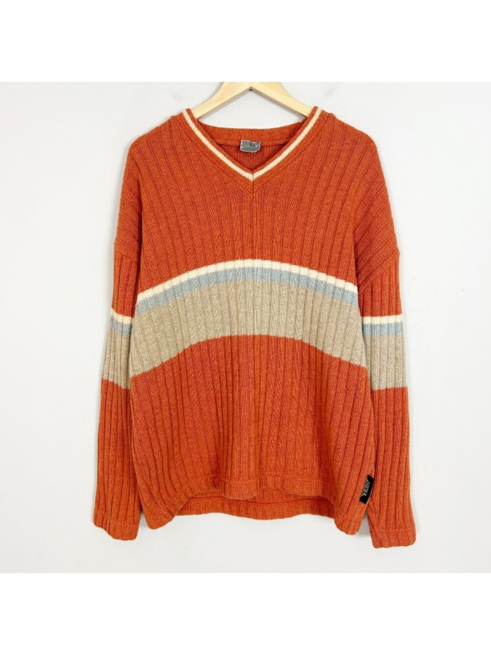 Vintage 90s V-neck Ribbed Chunky Sweater Pullover Heavyweight Size XL Men's